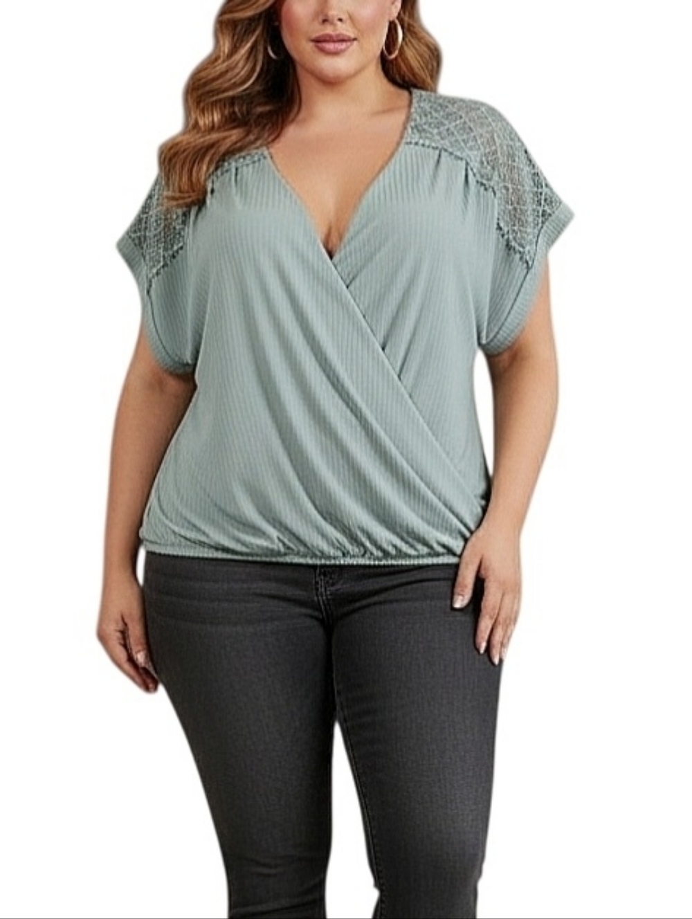 Wrap Draped Top Womens Plus Size 1X Crochet Shoulders Ribbed Sage Green